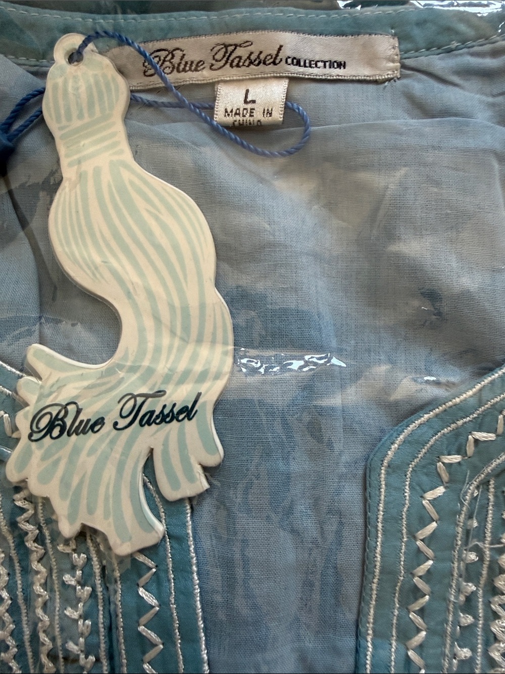 Anthropologie Blue Tassel Embroidered Babydoll Dropwaist Dress in Blue - Picture 3 of 3